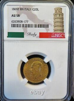 1865T BN Italy Gold 20 Lire NGC AU58 FREE Shipping