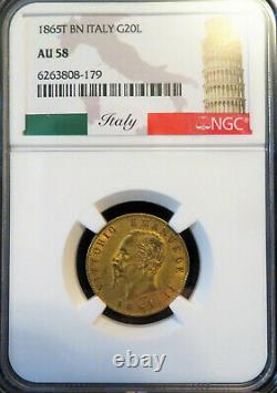1865T BN Italy Gold 20 Lire NGC AU58 FREE Shipping