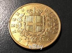 1865 Italian 20 Lire Emmanuele II Gold Coin F-vf