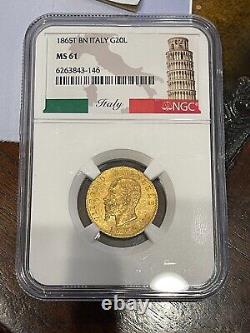 1865 Italy Victor Emmanuel II Gold 20 Lire NGC MS61, own a piece of history