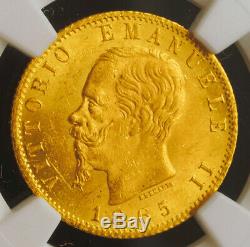 1865, Kingdom of Italy, Victor Emmanuel II. Gold 20 Lire Coin. 6.45gm! NGC MS62