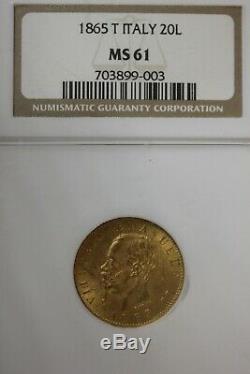 1865 MS 61 20 Lira Italy Gold Coin NGC Graded Certified Authentic Slab OCE 1261