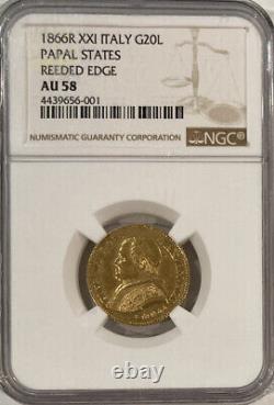 1866 Papal States 20 Lire Reeded Edge Coin! Superb Italian Gold! Low Sale Price