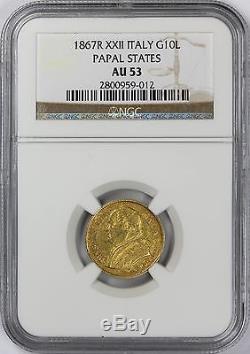 1867R XXII Italy Gold 10 Lire, Papal States, NGC AU53