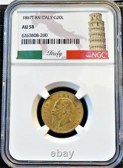 1867T BN Italy Gold 20 Lire NGC AU58 POP 10/15 FREE Ship