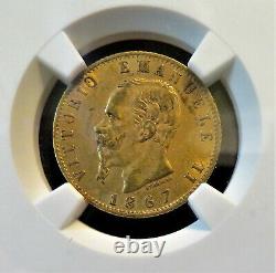 1867T BN Italy Gold 20 Lire NGC AU58 POP 10/15 FREE Ship