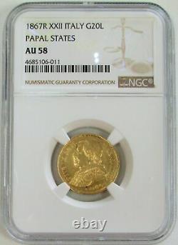 1867 XXII Gold Italy 20 Lire Papal States Pius IX Coin Ngc About Unc 58