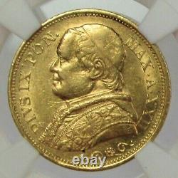 1867 XXII Gold Italy 20 Lire Papal States Pius IX Coin Ngc About Unc 58