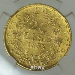 1867 XXII Gold Italy 20 Lire Papal States Pius IX Coin Ngc About Unc 58