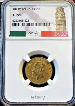 1873M BN Italy Gold 20 Lire NGC AU58 POP 32/116 FREE Ship