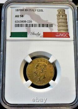 1873M BN Italy Gold 20 Lire NGC AU58 POP 32/116 FREE Ship