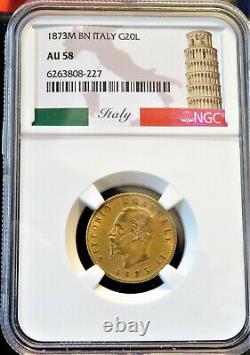 1873M BN Italy Gold 20 Lire NGC AU58 POP 32/116 FREE Ship