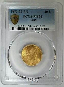 1873-M BN Gold 20 L PCGS MS64 Italy Coin
