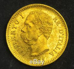 1881, Kingdom of Italy, Umberto I. Beautiful Gold 20 Lire Coin. AU+ 6.45gm