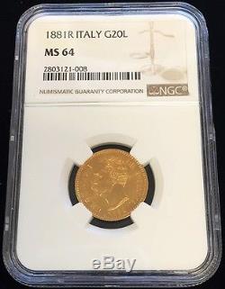 1881 R Gold Italy 20 Lire Umberto I Coinage Ngc Mint State 64