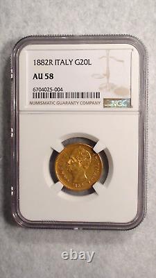 1882R ITALY NGC AU58 TWENTY LIRA GOLD G20L Coin PRICED TO SELL