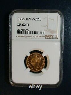 1882R ITALY TWENTY LIRA GOLD NGC MS62 PROOF LIKE GOLD 20L Coin PRICED TO SELL