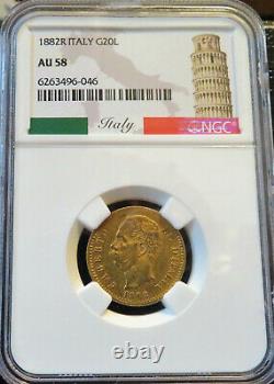 1882R Italy Gold 20 Lire NGC AU58 FREE Shipping
