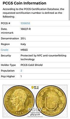 1882/1-R 20 L Italy Gold Rare Overdate Variety Pop 2! PCGS MS63 Beautiful