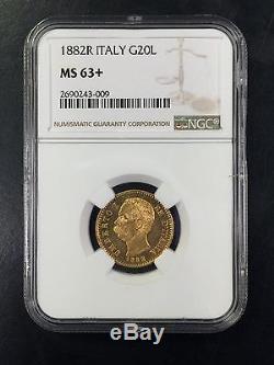 1882 Italian 20 Lire Gold Coin MS-63+ 1882R Italy 20L NGC Certified MS 63+