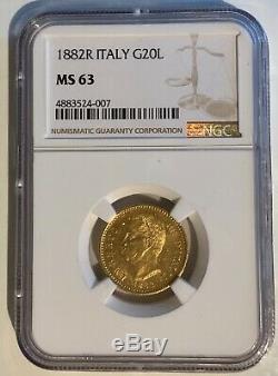1882 Italian Emperor Umberto Genuine. 900 Gold 20 Lira Coin Italy NGC MS-63