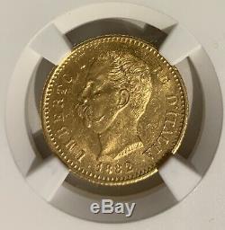 1882 Italian Emperor Umberto Genuine. 900 Gold 20 Lira Coin Italy NGC MS-63