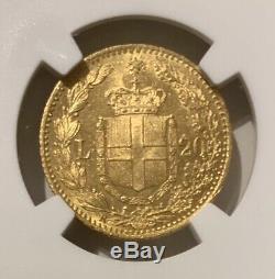 1882 Italian Emperor Umberto Genuine. 900 Gold 20 Lira Coin Italy NGC MS-63