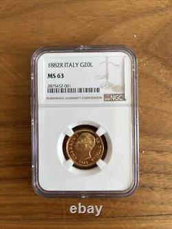 1882-R ITALY 20 Lire Gold Coin, NGC MS63, KM21 #2052