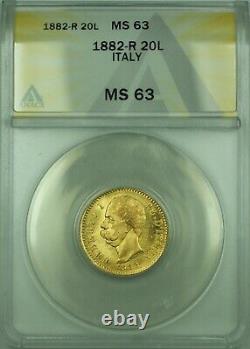 1882-R Italy 20 Lira Gold Coin ANACS MS-63 A