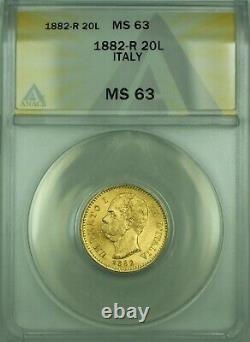 1882-R Italy 20 Lira Gold Coin ANACS MS-63 B
