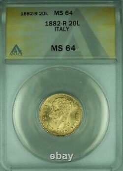 1882-R Italy 20 Lire Gold Coin ANACS MS-64