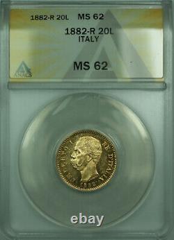 1882-R Italy 20 Lire Gold Coin BU UNC ANACS MS-62 (A)