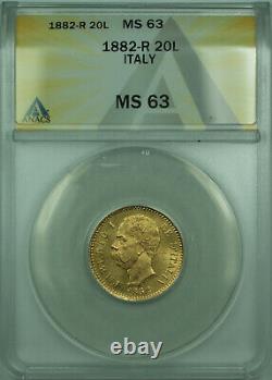 1882-R Italy 20 Lire Gold Coin BU UNC ANACS MS-63 (B)