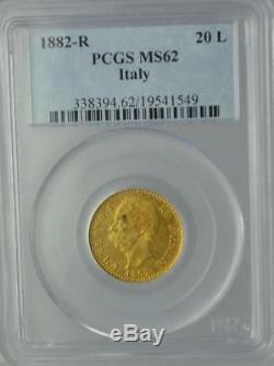 1882-R Italy 20 Lire Gold Coin Umberto 1 PCGS MS62