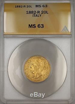 1882-R (Rome) Italy 20L Lire Gold Coin ANACS MS-63 Choice BU SB