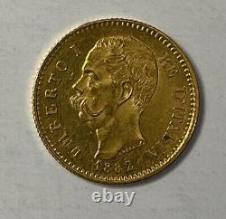 1882 Umberto I Re D'Italia King Italy 20 L Lire Gold Coin Crowned Shield Wreath