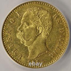 1885-R Italy Gold 20 Lire ANACS AU55