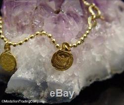 18K Yellow Gold Dangle Mini Liberty Head Eagle Coin Bead Ball Link Bracelet 8