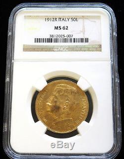 1912 R Gold Italy 50 Lire Coin Ngc Mint State 62 Vittorio Emanuele III