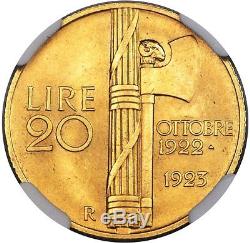 1923 Gold 20 Lire Italy Fascist Anniversary, Very Rare, Ngc Ms-61