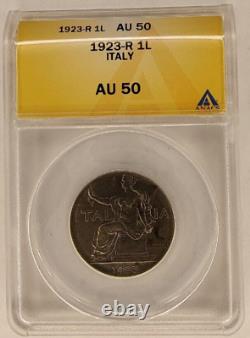 1923-R 1L Italy ANACS AU 50 1 Lira Coin KM#62 1A