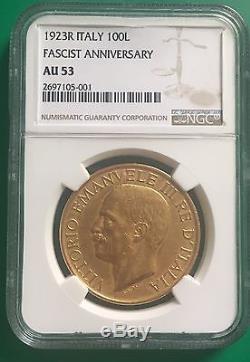 1923 R ITALY 100L FASCIST ANNIVERSARY RARE REAL NGC AU 53 gold coin