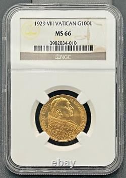 1929 VIII VATICAN CITY 100 LIRE GOLD COIN NGC MS 66, High Grade Low Mintage Date