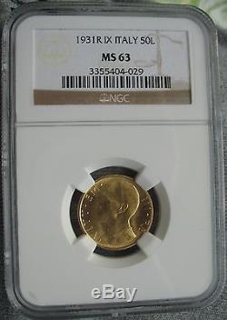 1931-R IX Italy Gold 50 Lire NGC MS-63