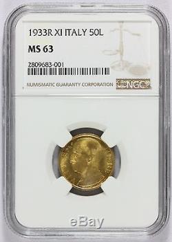 1933-R XI Italy 50 Lire Gold Coin NGC MS 63 KM# 71 Mintage 6,463 RARE