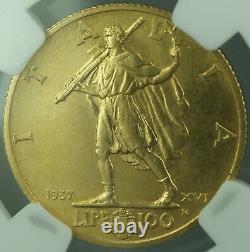 1937 R XVI Italy 100 Lire Gold Coin RARE (249 Mintage) NGC MS-64 KM# 84