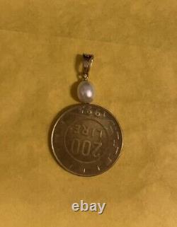 1995 200 Lire Italian Coin with Pearl & 14K YELLOW GOLD BEZEL MILOR Pendant CHARM