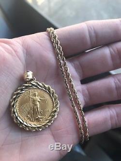1/4 Oz 10 Dollar American Eagle Gold Coin in 14k Bezel, And 10k Rope Necklace