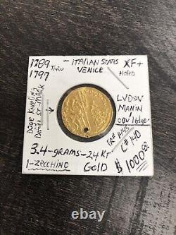 1 Zecchino 1789-1797 Italian, Venice, Xtra Fine Plus Details, Holed, Rare Coin