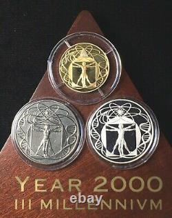 2000 III Millenium, Italian Mint 3 Coin Set Proof Gold Silver & Titanium. Case